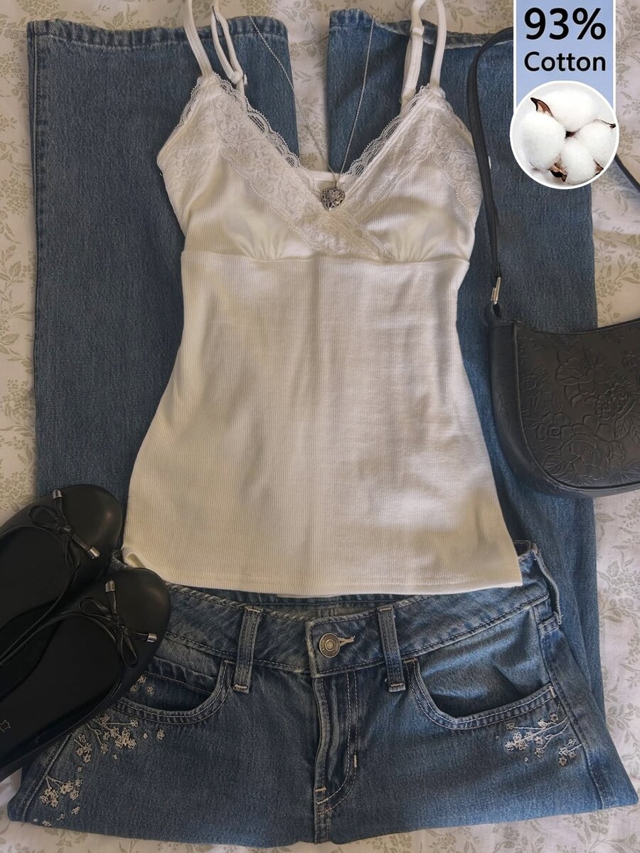 IslaSuriya Plus Size Women's Cotton Fabric Solid Color Contrast Lace Camisole Tank Top - White - View 1