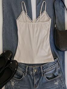 IslaSuriya Plus Size Women's Cotton Fabric Solid Color Contrast Lace Camisole Tank Top - White - View 2