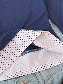 SHEIN Tween Girls Boat Neck Ribbed Texture T-Shirts With Lace And Polka Dot Patchwork, Tween Girl, Simple Daily Top - Blue - View 5