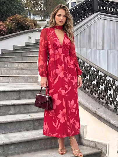 KARISMINA Women's Elegant Romantic Date Anniversary Wedding Party Birthday Mother Bride Citizenship Ceremony Floral Print Dress Red Floral Autumn Winter
