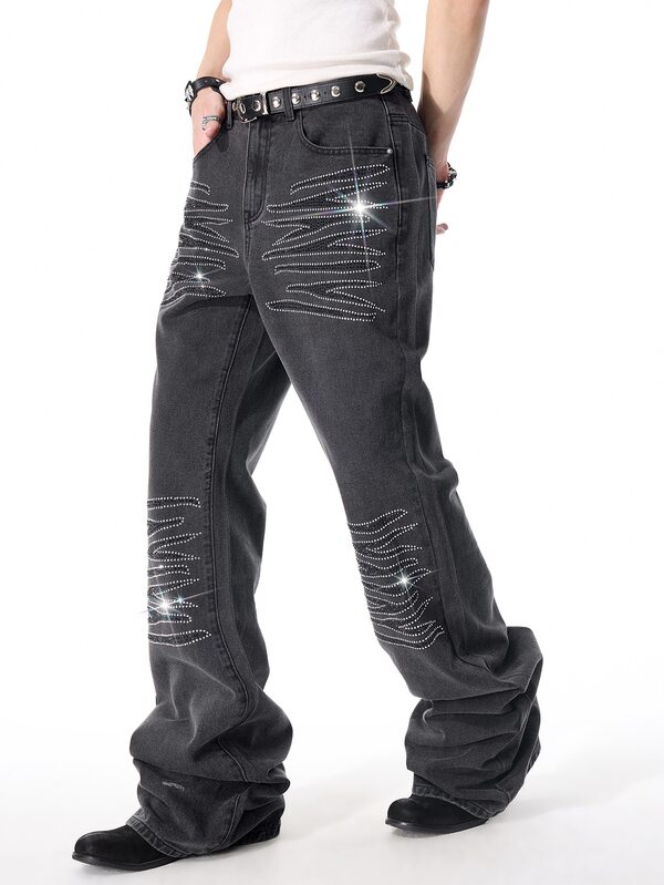 ROMWE MEN Goth Pantalon en jean style américain avec strass empilés pour hommes, style street haute couture, gris noir délavé, extra long, jambes larges empilées, unisexe