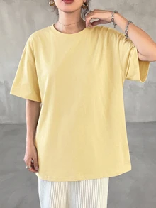 DAZY Camiseta de manga larga y corta suelta de cuello redondo de unicolor para mujer, ropa fina de verano - Amarillo - Ver 3