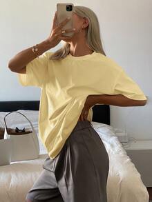 DAZY Camiseta de manga larga y corta suelta de cuello redondo de unicolor para mujer, ropa fina de verano - Amarillo - Ver 7