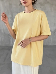 DAZY Camiseta de manga larga y corta suelta de cuello redondo de unicolor para mujer, ropa fina de verano - Amarillo - Ver 5