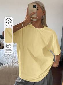 DAZY Camiseta de manga larga y corta suelta de cuello redondo de unicolor para mujer, ropa fina de verano - Amarillo - Ver 8