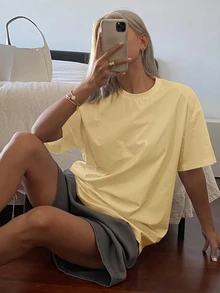 DAZY Camiseta de manga larga y corta suelta de cuello redondo de unicolor para mujer, ropa fina de verano - Amarillo - Ver 6