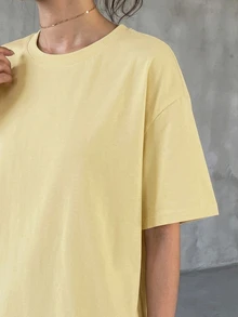 DAZY Camiseta de manga larga y corta suelta de cuello redondo de unicolor para mujer, ropa fina de verano - Amarillo - Ver 2