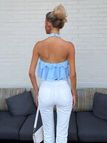 Sydney Algeri Atasan Crop Top Wanita Warna Biru Muda Elegan untuk Musim Panas, Cocok untuk Tamu Pernikahan, Atasan Kasual Gaya Vintage untuk Pesta Rave - Biru - View 2