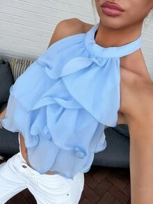 Sydney Algeri Atasan Crop Top Wanita Warna Biru Muda Elegan untuk Musim Panas, Cocok untuk Tamu Pernikahan, Atasan Kasual Gaya Vintage untuk Pesta Rave - Biru - View 3