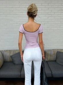 Sydney Algeri Kaos Kasual Wanita untuk Perjalanan Sehari-hari, Motif Polkadot Patchwork dengan Renda Kontras Warna Pink - Berwarna merah muda - View 2