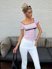 Sydney Algeri Kaos Kasual Wanita untuk Perjalanan Sehari-hari, Motif Polkadot Patchwork dengan Renda Kontras Warna Pink - Berwarna merah muda - View 3