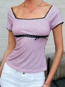 Sydney Algeri Kaos Kasual Wanita untuk Perjalanan Sehari-hari, Motif Polkadot Patchwork dengan Renda Kontras Warna Pink - Berwarna merah muda - View 4