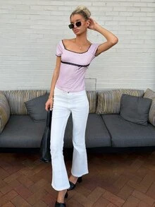 Sydney Algeri Kaos Kasual Wanita untuk Perjalanan Sehari-hari, Motif Polkadot Patchwork dengan Renda Kontras Warna Pink - Berwarna merah muda - View 5