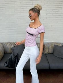 Sydney Algeri Kaos Kasual Wanita untuk Perjalanan Sehari-hari, Motif Polkadot Patchwork dengan Renda Kontras Warna Pink - Berwarna merah muda - View 6