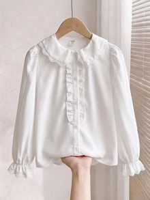 SHEIN 少女寬鬆休閒極簡舒適日常學院風白色荷葉邊飾泡泡袖優雅荷葉領前開扣襯衫，長袖上衣返校穿搭 - 白色 - 查看 2