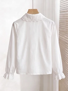 SHEIN 少女寬鬆休閒極簡舒適日常學院風白色荷葉邊飾泡泡袖優雅荷葉領前開扣襯衫，長袖上衣返校穿搭 - 白色 - 查看 6