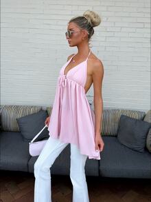 Sydney Algeri Summer Beach Vacation Vacation New Style Textured Baby Pink Puff Strap Tank Top Sexy Cute Backless Umbrella Mini Dress Women's Dress Elegant - Baby Pink - View 5