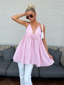 Sydney Algeri Summer Beach Vacation Vacation New Style Textured Baby Pink Puff Strap Tank Top Sexy Cute Backless Umbrella Mini Dress Women's Dress Elegant - Baby Pink - View 1