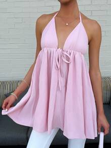Sydney Algeri Summer Beach Vacation Vacation New Style Textured Baby Pink Puff Strap Tank Top Sexy Cute Backless Umbrella Mini Dress Women's Dress Elegant - Baby Pink - View 4