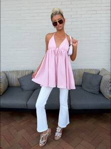 Sydney Algeri Summer Beach Vacation Vacation New Style Textured Baby Pink Puff Strap Tank Top Sexy Cute Backless Umbrella Mini Dress Women's Dress Elegant - Baby Pink - View 6