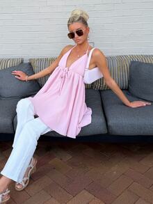 Sydney Algeri Summer Beach Vacation Vacation New Style Textured Baby Pink Puff Strap Tank Top Sexy Cute Backless Umbrella Mini Dress Women's Dress Elegant - Baby Pink - View 3