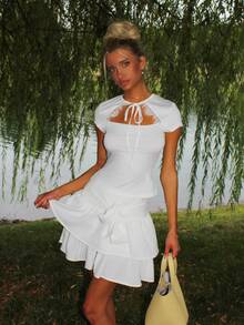 Sydney Algeri Women Skirts Tiered Layer Shirred Dasi Depan Plain Lucu Boho - Putih - View 3