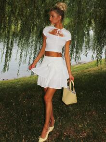 Sydney Algeri Women Skirts Tiered Layer Shirred Dasi Depan Plain Lucu Boho - Putih - View 5