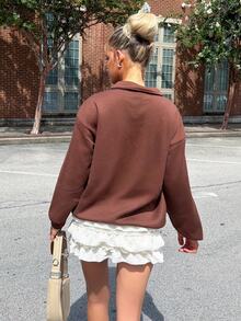 Sydney Algeri 女款寬鬆半拉鍊高領復古汽車印花抓絨運動衫，適合秋冬，Y2K街頭風圖案休閒款 - 棕色 - 查看 2