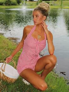 Sydney Algeri Jumpsuit Wanita Motif Kotak-kotak Lucu dengan Tali Leher, Pakaian Kasual Musim Panas - Red and White - View 5