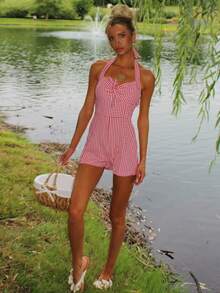 Sydney Algeri Jumpsuit Wanita Motif Kotak-kotak Lucu dengan Tali Leher, Pakaian Kasual Musim Panas - Red and White - View 6