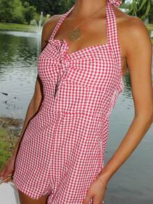 Sydney Algeri Jumpsuit Wanita Motif Kotak-kotak Lucu dengan Tali Leher, Pakaian Kasual Musim Panas - Red and White - View 4