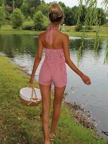 Sydney Algeri Jumpsuit Wanita Motif Kotak-kotak Lucu dengan Tali Leher, Pakaian Kasual Musim Panas - Red and White - View 2