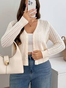 Comfylo Plus Size Women's Solid Color Casual Traditional Versatile Daily Wear Cardigan Office Beige Autumn - Apricot - View 5
