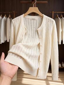 Comfylo Plus Size Women's Solid Color Casual Traditional Versatile Daily Wear Cardigan Office Beige Autumn - Apricot - View 8