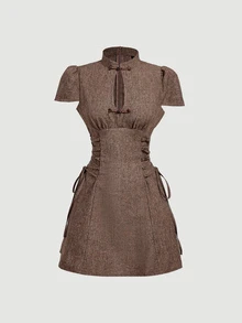SHEIN MOD New Chinese Style Cutout Frog Button Brown Short Dress - Brown - View 4