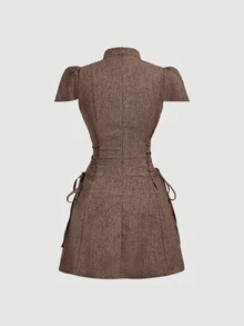 SHEIN MOD New Chinese Style Cutout Frog Button Brown Short Dress - Brown - View 7