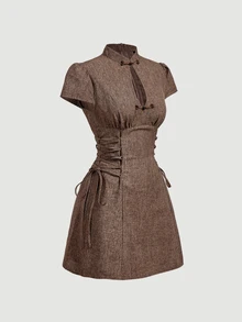 SHEIN MOD New Chinese Style Cutout Frog Button Brown Short Dress - Brown - View 5