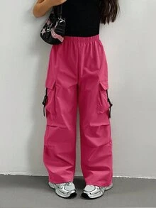 SHEIN Sparklyn 青少年女孩彈性腰工裝口袋百褶寬腿褲 寬鬆褲 Y2k - 玫紅色 - 查看 4