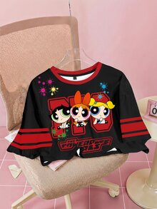 THE POWERPUFF GIRLS X SHEIN 女款字母印花短袖休閒短版T恤 - 白色 - 查看 1