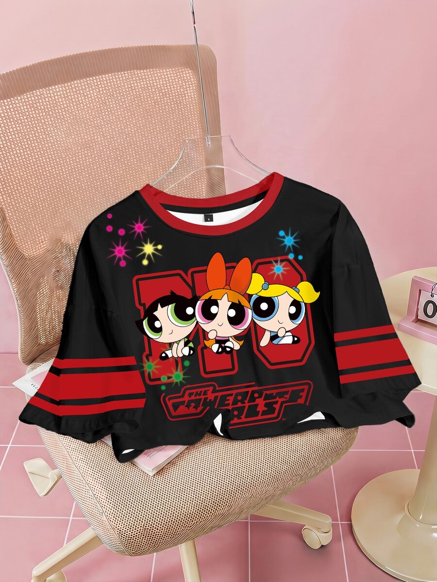 THE POWERPUFF GIRLS X SHEIN 女款字母印花短袖休閒短版T恤 - 白色 - 查看 1