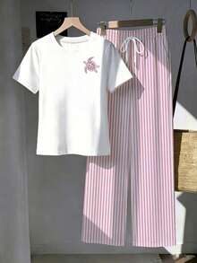 Tseoso 2pcs Set Embroidered Round Neck Short Sleeve Top And Striped Print Pants, Casual - Pink - View 4