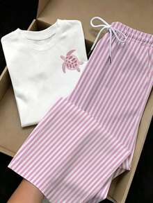 Tseoso 2pcs Set Embroidered Round Neck Short Sleeve Top And Striped Print Pants, Casual - Pink - View 3