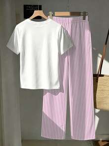 Tseoso 2pcs Set Embroidered Round Neck Short Sleeve Top And Striped Print Pants, Casual - Pink - View 2