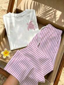 Tseoso 2pcs Set Embroidered Round Neck Short Sleeve Top And Striped Print Pants, Casual - Pink - View 5
