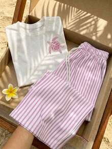 Tseoso 2pcs Set Embroidered Round Neck Short Sleeve Top And Striped Print Pants, Casual - Pink - View 1