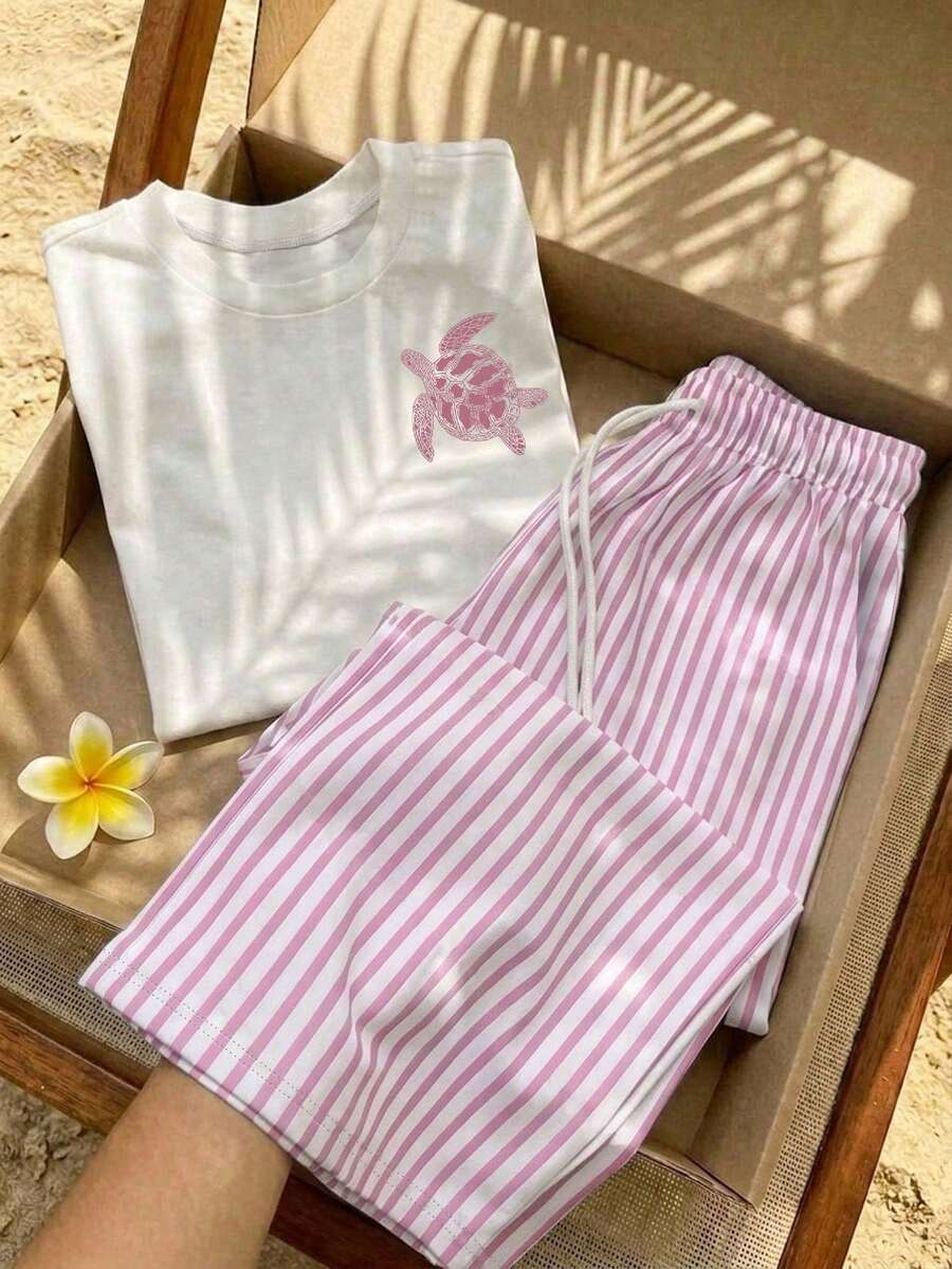 Tseoso 2pcs Set Embroidered Round Neck Short Sleeve Top And Striped Print Pants, Casual - Pink - View 1