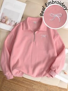 SHEIN 女童休閒基礎款半拉鍊高領精緻蝴蝶結刺繡花卉灰色保暖內裡加厚套頭衛衣 秋冬款 - 粉色 - 查看 2