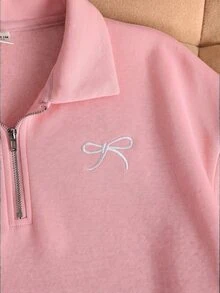 SHEIN 女童休閒基礎款半拉鍊高領精緻蝴蝶結刺繡花卉灰色保暖內裡加厚套頭衛衣 秋冬款 - 粉色 - 查看 6