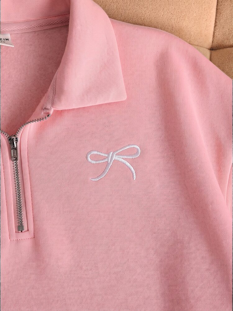 SHEIN Tween Girl Casual Basic Kids Half-Zip High Neck Delicate Bow Embroidered Floral Gray Thermal Lined Thick Pullover Autumn Winter Sweatshirt - Pink - View 6