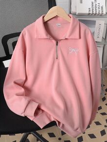 SHEIN 女童休閒基礎款半拉鍊高領精緻蝴蝶結刺繡花卉灰色保暖內裡加厚套頭衛衣 秋冬款 - 粉色 - 查看 4
